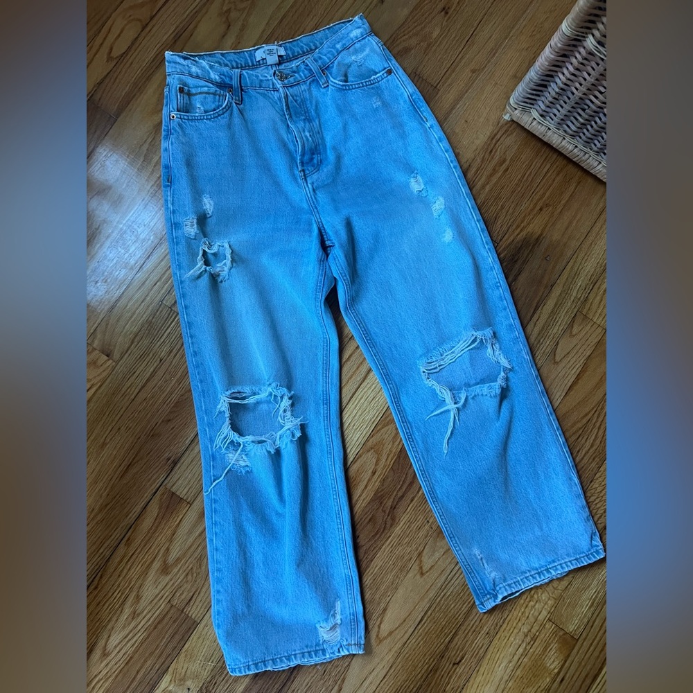 forever 21 - wide leg, high rise, distressed super light wash jeans